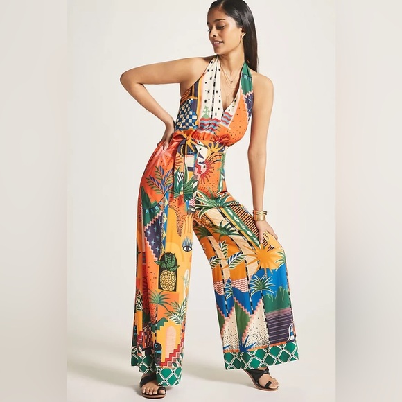 Farm Rio Anthropologie Halter Jumpsuit Wide Leg Bohemian Southwestern Print L - Picture 1 of 11